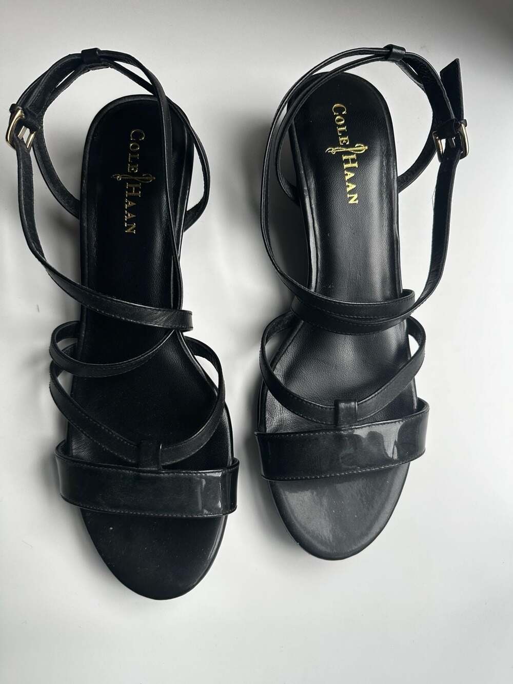 Cole Haan Nike Air Black Leather Strappy Wedge Sandals Size 8B